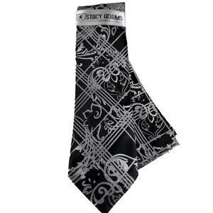 Stacy Adams Men's Tie & Hanky Black Silver Striped Paisley Hand Made 3.25" Wide